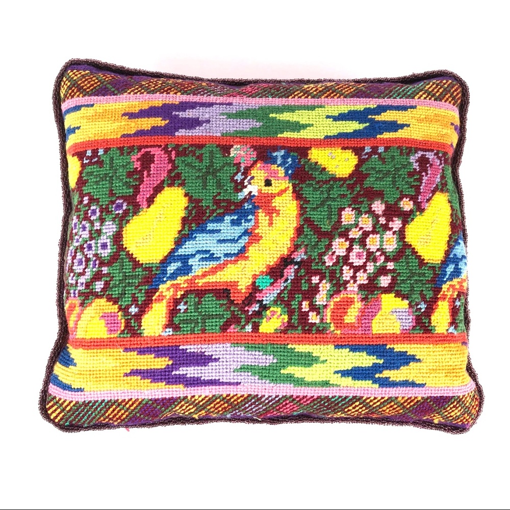 Dransfield & Ross Needlepoint Bird Colorful Pillow